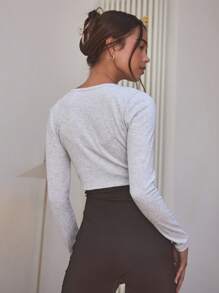 Musera Sport Top ample en jersey à col V, boutonné, manches longues, épaulé, pour Pilates, Yoga, Padel, Tennis, Pickleball