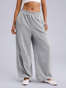 SHEIN EZwear 女士秋冬街头运动灰色慢跑翻边裤 - 淺灰色 - 查看 2