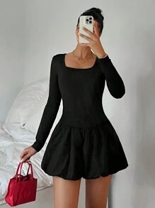 SHEIN EZwear Plus Size Floral Blouson Dress With Boat Neck And Built-In Modesty Shorts - Black - View 3