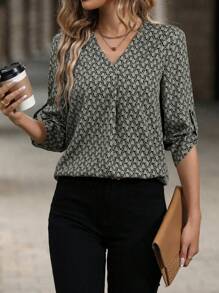 SHEIN LUNE 女士 V 领短袖全印花休闲衬衫