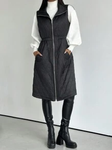 SHEIN Privé 1 pezzo Cappotto imbottito senza maniche con chiusura lampo in vita, con tasche, lunghezza ginocchio, comodo, casual e caldo, colore nero, adatto per l'inverno - nero - Visualizzare 1