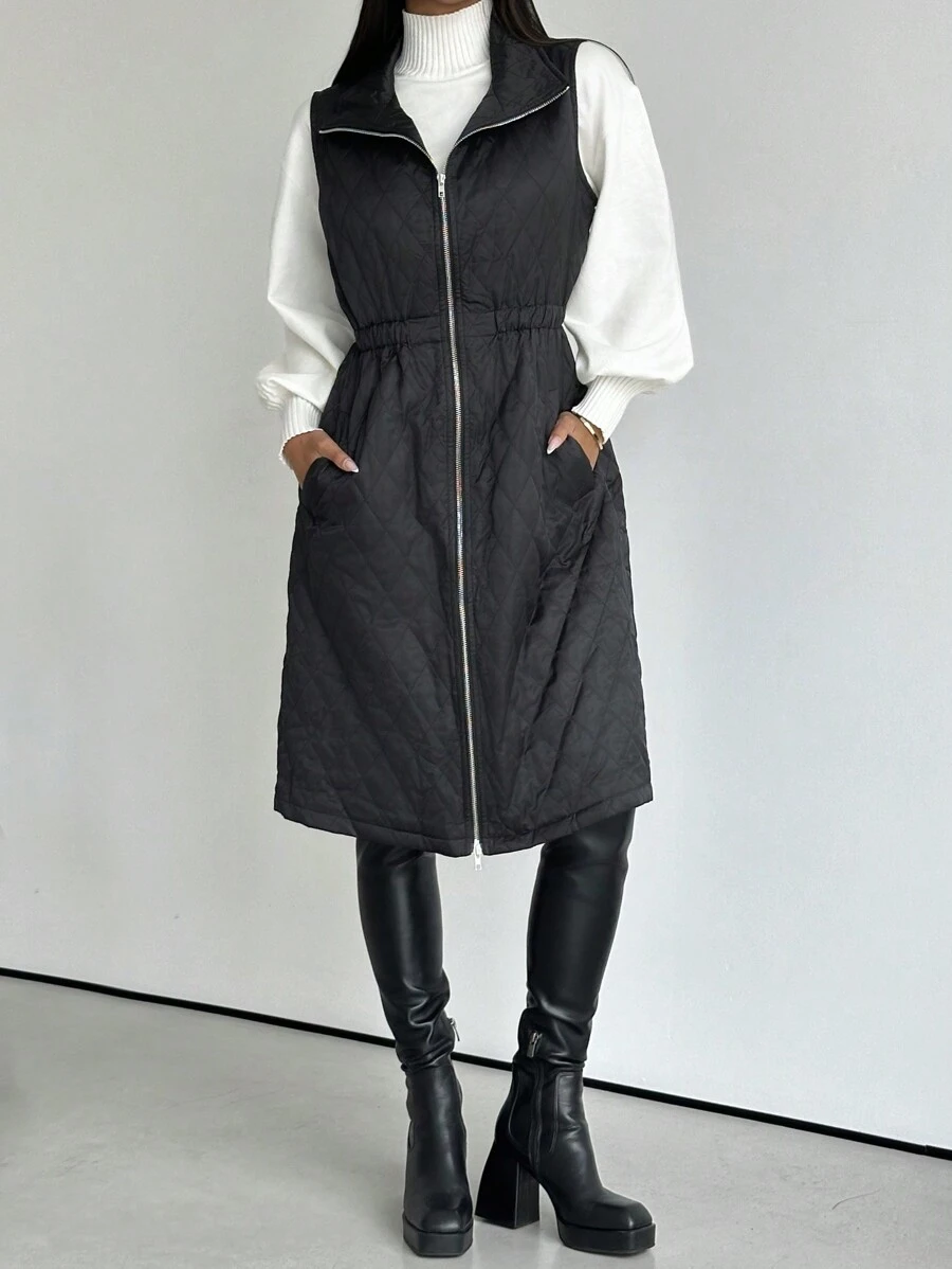 SHEIN Privé 1 pezzo Cappotto imbottito senza maniche con chiusura lampo in vita, con tasche, lunghezza ginocchio, comodo, casual e caldo, colore nero, adatto per l'inverno - nero - Visualizzare 1