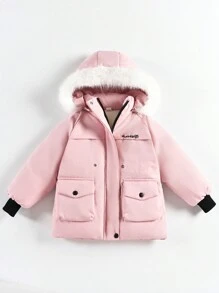 SHEIN 1pc Girls Thick Parka Jacket With Cute Embroidery, Loose Fit, Warm Winter Coat, Pink - Pink - View 1