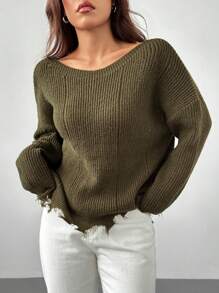 SHEIN PETITE 落肩破洞毛衣 - 軍綠色 - 查看 8
