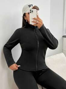 SHEIN EZwear Plus Size Women's Warm, Thermal, Fleece Jacket, Black, For Cold Weather In Fall - Black and White - View 3