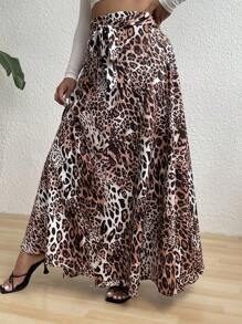 SHEIN Clasi Plus Size Women's Vacation Tie Knot Leopard Print Side Slit Skirt - Multicolor - View 4