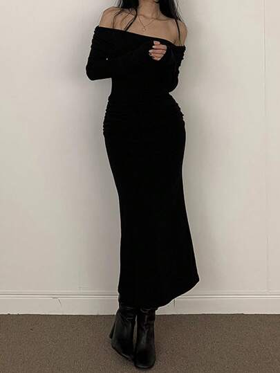 DAZY Women's Turn-Down Collar Off Shoulder Slim Fit Dress, Spring/Summer Y2k Elegant,Fall Clothes Long Sleeve Dress Maxi Dress