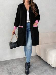 SHEIN LUNE Chaqueta informal tipo cárdigan de manga larga con bolsillo tipo canguro, cuello con capucha y ribete de contraste de talla grande