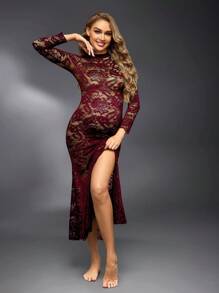 SHEIN Maternity Elegant Lace Split Long Sleeve Dress For Photoshoot, Autumn