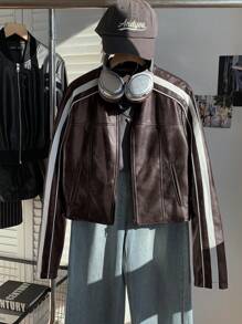 SHEIN EZwear Chaqueta corta marrón de manga larga a rayas, informal, para mujer, de otoño