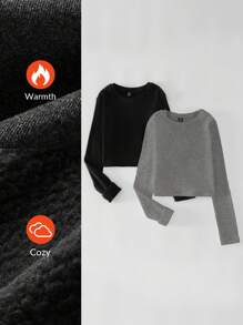 SHEIN BASICS 2 件纯色针织圆领长袖修身短款 T 恤，升级保暖面料，保暖内衬，不显臃肿，基本款弹性百搭秋冬女式上衣 - 淺灰色 - 查看 10