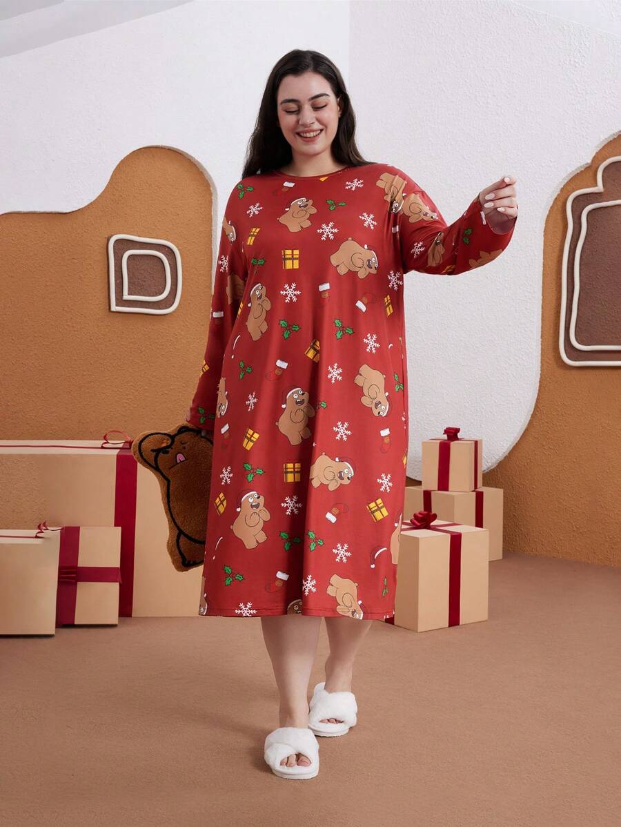 We Bare Bears X SHEIN 大码布朗熊圣诞礼物图案酒红色宽松 T 恤睡衣 - 紅色 - 查看 1