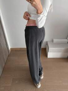 Aloruh Pantalones palazzo de talle elástico de contraste de terciopelo para mujer, estilo casual/oficina, ajuste holgado y largo hasta el tobillo - Multicolor - Ver 2