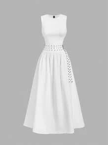 SHEIN MOD Váy dài thắt lưng màu trắng cho nữ, Váy trắng cho nữ, Váy mùa đông cho nữ, Váy thanh lịch, Váy dạ hội, Váy dài mùa thu - trắng - Xem 1