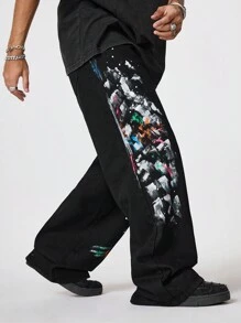 PAVTROS Manfinity Streetrush Men's Black Distressed Denim Wide Leg Jeans With Graffiti Print, Street Style Baggy Black Jeans, For Husband, Boyfriend Gifts