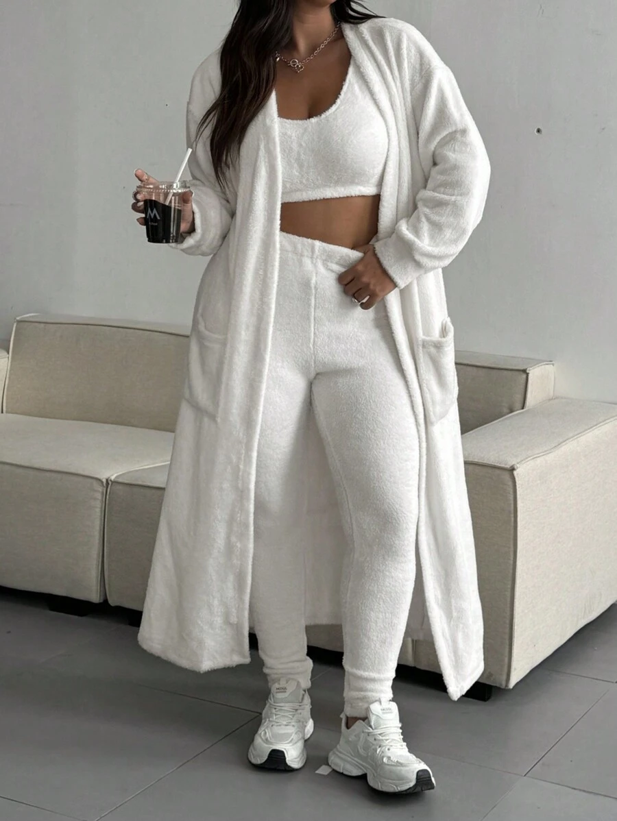 Flirla 3pcs/Set Plus Size Knitted Cardigan, Ivory Teddy Fleece - Beige - View 1