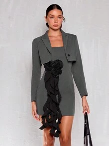Glamine Set de 2 piezas: Chaqueta casual de oficina para mujer + Vestido tubo con decoración floral