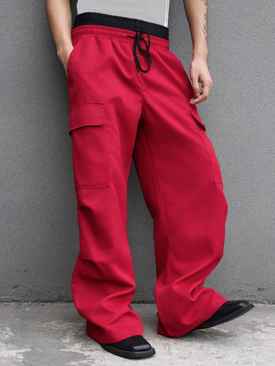 Manfinity Roghcode Men's Simple Front Tie Pocket Design Loose Waisted Casual Long Pants - Red - View 1