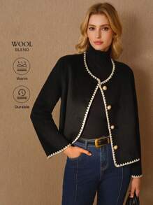 MOTF PREMIUM 羊毛对比色绑带单排扣大衣 - 黑色 - 查看 2