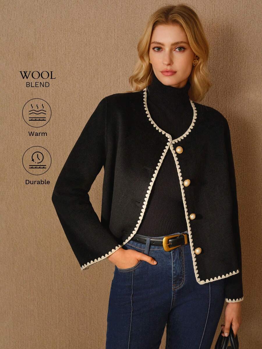 MOTF PREMIUM 羊毛对比色绑带单排扣大衣