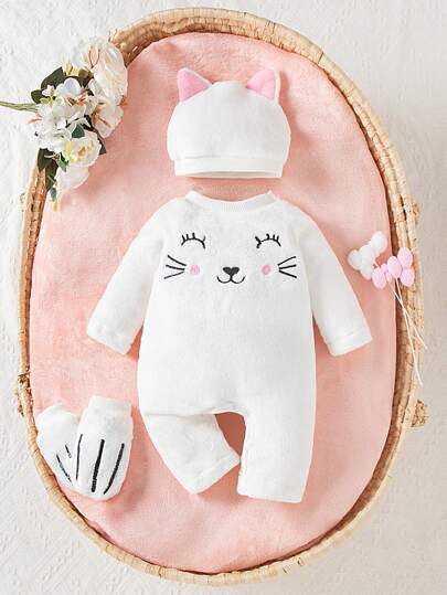 SHEIN 女婴新生儿可爱耳饰帽子带刺绣连体衣，厚实保暖冬装，舒适