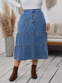 SHEIN LUNE Plus Size Casual Everyday Front Button Ruffle Hem Denim A-Line Skirt, Autumn