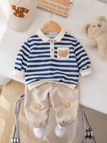 SHEIN 2 pezzi/Set Autunno Inverno Neonato Maschio/Femmina Camicia Polo a Righe Stile College Confortevole e Morbida e Pantaloni Lenti in Pile con toppe Decorativa di Orso cartoni animati