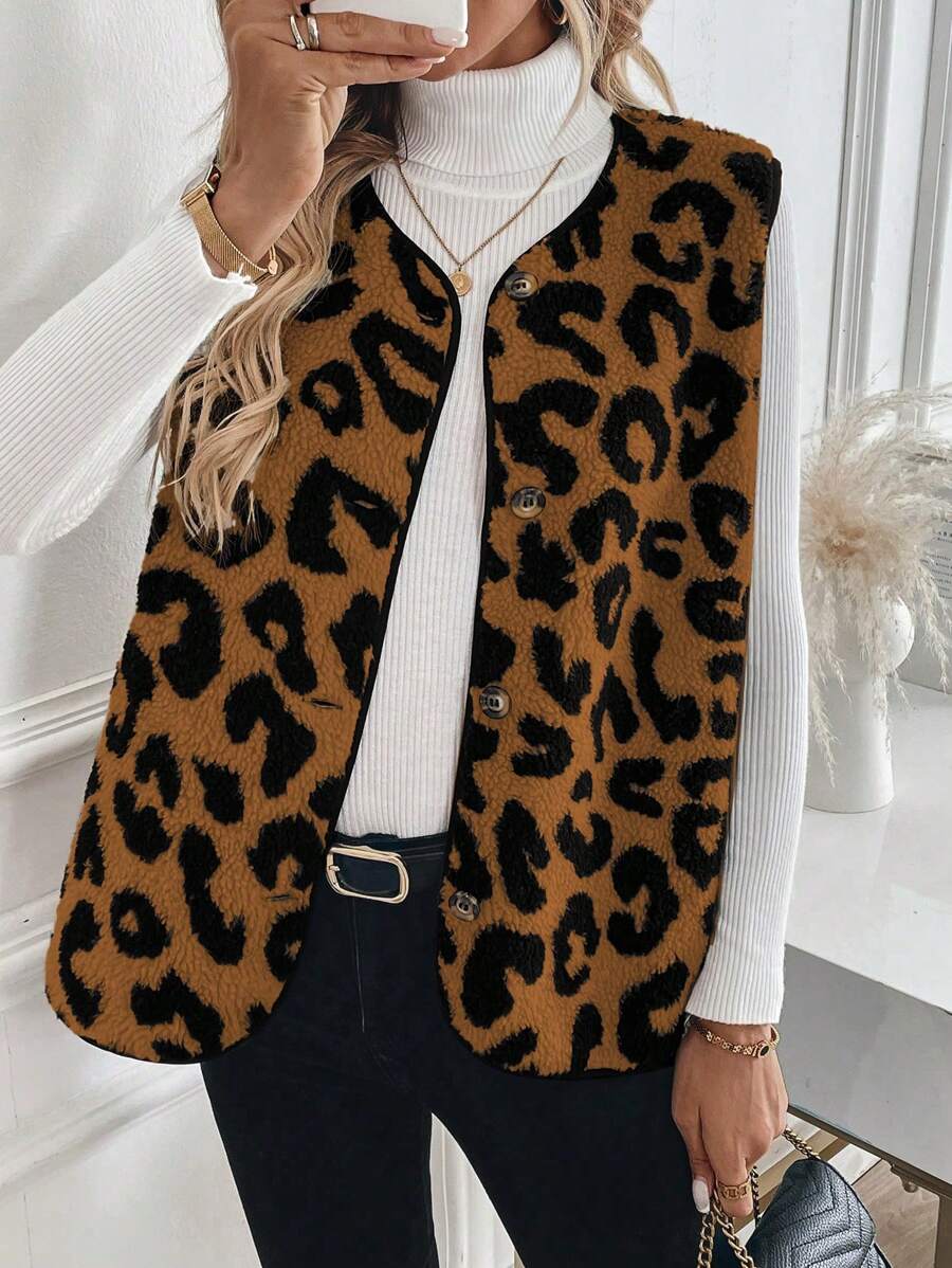 Chiquease Women Leopard Pattern Thermal Lined Casual Vest Jacket For Autumn/Winter - Multicolor - View 1