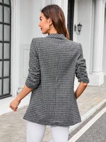 SHEIN Clasi Women's Brown Fine Plaid Pleated 3/4 Sleeve Elegant Blazer Jacket, Suitable For Autumn/Winter, Fashionable For Commute And Daily, Warm And Versatile - Black - View 2