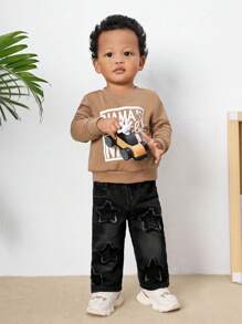 SHEIN Baby Boy Casual Stonewashed Cute Star Patchwork Straight Legs Blue Denim Jeans,For Fall And Winter Outdoor Wear - Black - View 4