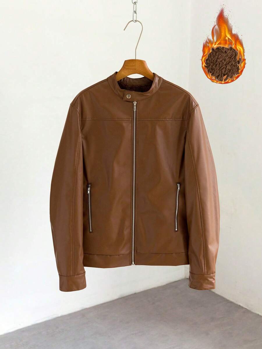 Manfinity VCAY Men's Woven Slim-Fit Stand Collar Zip-Up Thicken Jacket, Suitable For Winter - Brown - View 1