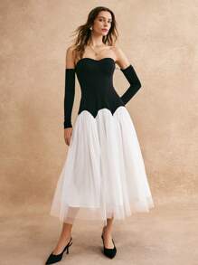 Poéselle 女士纯色拼接露肩长袖休闲长裙，2024 秋冬，冬装，简约时尚，优雅易穿，适合日常、街头、通勤、宴会、派对等场合穿着