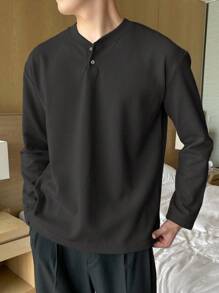 DAZY 男士纯色休闲长袖T恤，百搭秋冬装，返校服装 - 深灰色 - 查看 2