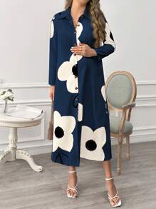 SHEIN Maternity Floral Print Lapel Single-Breasted Shirt Dress, Spring/Autumn Collection - Blue - View 3