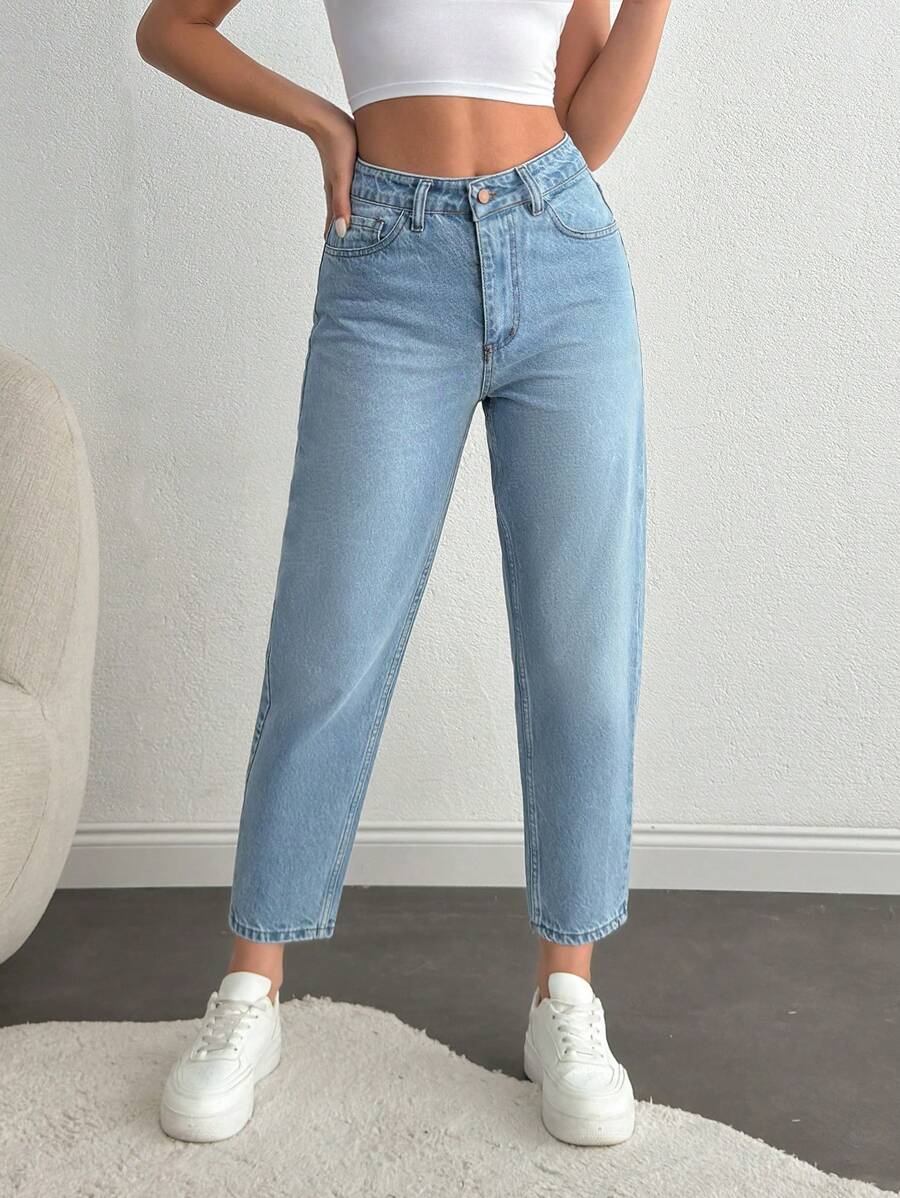 EURMUSE WOMEN CASUAL MOM FIT MID WAIST JEANS - Medium Wash - View 1