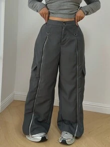 SHEIN MOOSTA Loose Plus Size Casual Pants With Zipper & Flared Leg Design - Grey - View 5