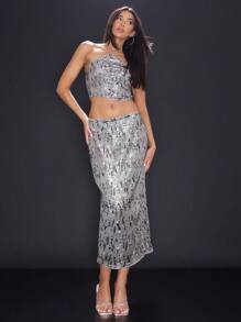 MUSERA Falda larga elegante con lentejuelas de talle bajo, glamurosa para primavera y verano, sexy