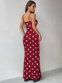 SHEIN Unity Váy tiên cá in hình bộ xương Halloween - Màu Đỏ Sâu - Xem 2