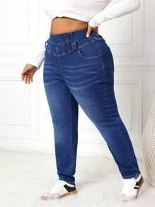 SHEIN CURVE+ Blue Plus Size Jeans Skinny Stretch Fleece Trousers Lined For Added Warmth - Dark Wash - View 6