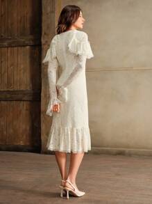 Anewsta Elegantes Damen Kleid mit Rüschen-Organza-Spitze, Flatterärmeln und Meerjungfrau-Stil, geeignet für Silvester, Weihnachten