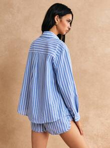 Poéselle 條紋印花落肩袖襯衫和短褲不附抹胸 - 藍白色 - 查看 5