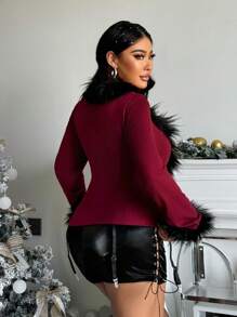 SHEIN SXY 大码女式冬季保暖毛绒拼布夹克 - 紅色 - 查看 2