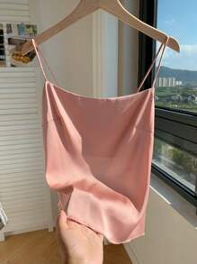 Comfortcana Ladies' Solid Color Satin Backless Camisole With Tie Knot - Dusty Pink - View 8