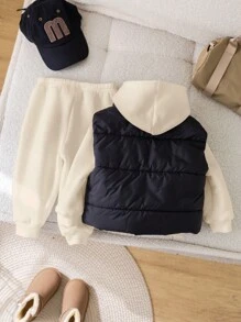 SHEIN 3 件套男婴休闲保暖背心夹克、连帽运动衫和裤子套装，适合秋冬季 - 杏色 - 查看 2