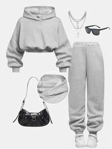 SHEIN Tween Girls' Fashion Casual Knitted Long Sleeve Hooded Sweatshirt Set