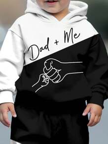 SHEIN Leap Crew 幼儿男童休闲简约字母图案黑白拼布宽松柔软针织连帽衫和裤子套装，适合秋冬季 - 黑與白 - 查看 3