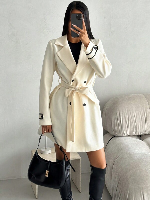 Firerie Femei Elegantă, Minimalistă, Color Blocking Trim Belt Cureaua cu cataramă dublă, pardesiu alb