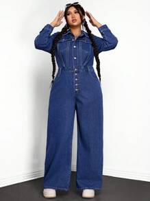 SHEIN EZwear Plus Size Plain Front Button Pocket Casual Long Sleeve Denim Jumpsuit - Blue - View 3