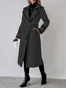 SHEIN Clasi Women Fashion Long Sleeve Coat, Mid-Length With Contrast Trim, Autumn/Winter - Dark Grey - View 3