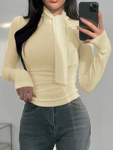 DAZY Áo thun cổ cao thắt nơ cho nữ - Kem - Xem 2